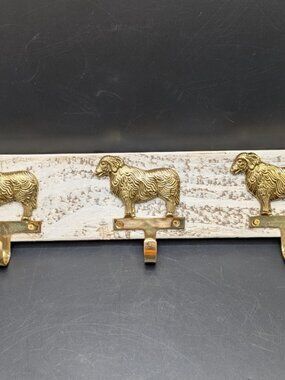 Hand Crafted Hat Key Coat Rack 3 Brass Sheep Ram Aries Hooks Wall Mount `16.5"